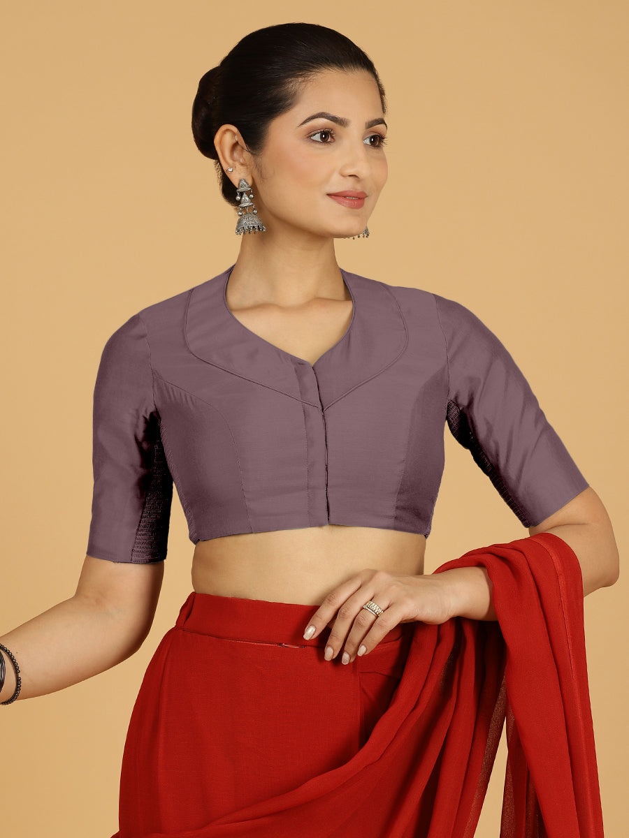 Pallavi x Rozaana Saree Blouse, in Purple Viscose, featuring elbow sleeves and curved v-neckline, made for daily & work.