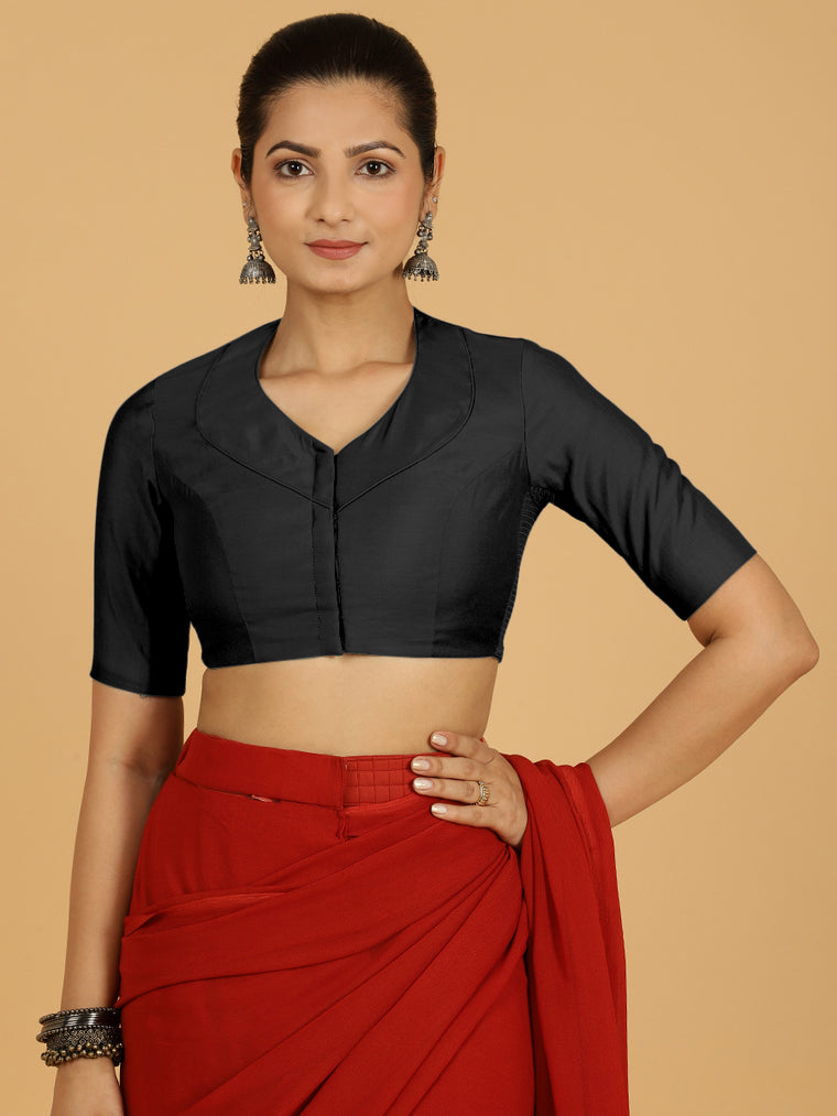 Pallavi x Rozaana Saree Blouse, in Black Viscose, featuring elbow sleeves and curved v-neckline, made for daily & work.