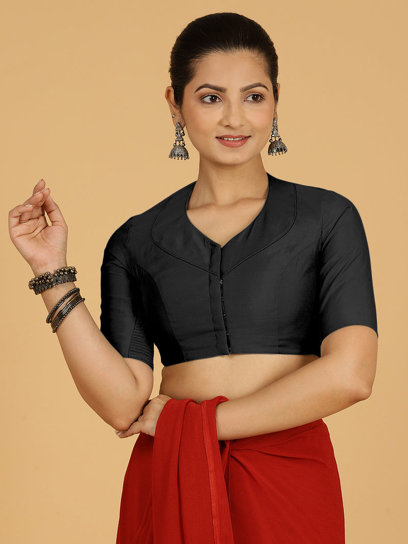 Pallavi x Rozaana | Elbow Sleeves Saree Blouse in Raven Black-Binks