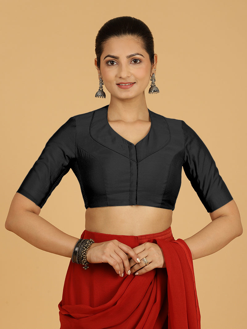 Pallavi x Rozaana | Elbow Sleeves Saree Blouse in Raven Black-Binks