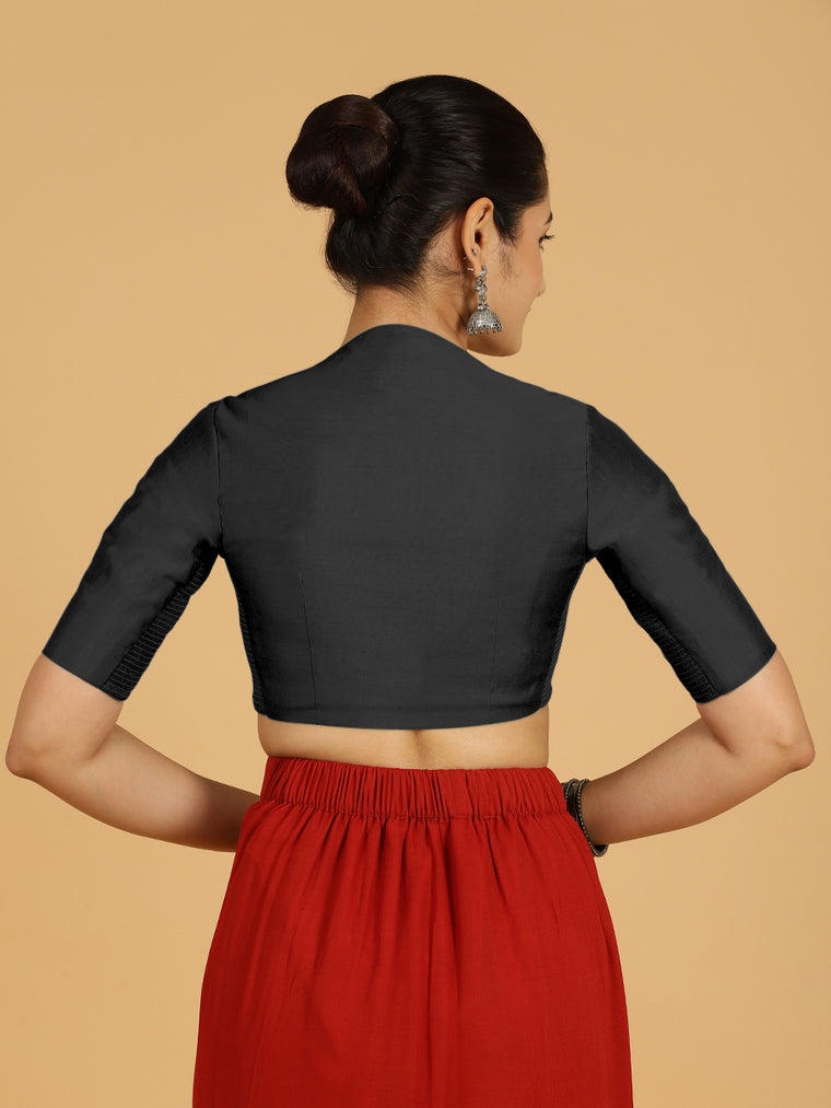 Pallavi x Rozaana Saree Blouse, in Black Viscose, featuring elbow sleeves and curved v-neckline, made for daily & work (view 2).