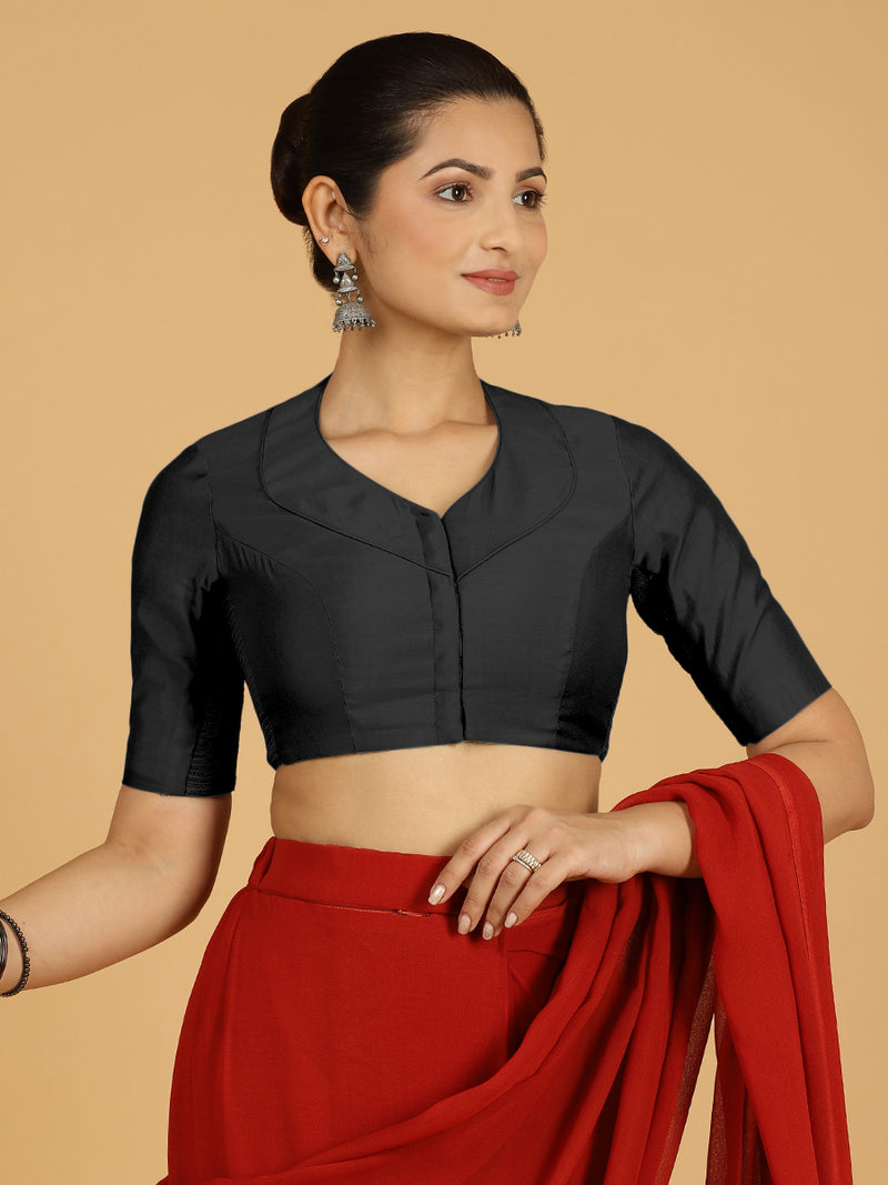 Pallavi x Rozaana | Elbow Sleeves Saree Blouse in Raven Black-Binks
