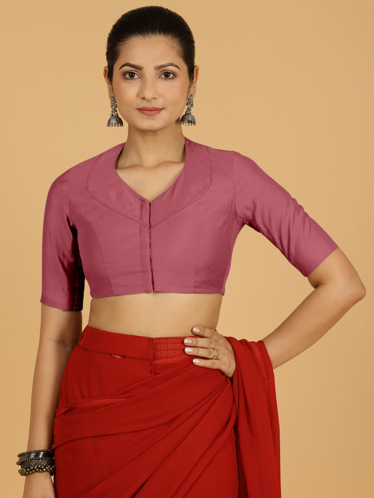 Pallavi x Rozaana Saree Blouse, in Pink Viscose, featuring elbow sleeves and curved v-neckline, made for daily & work.