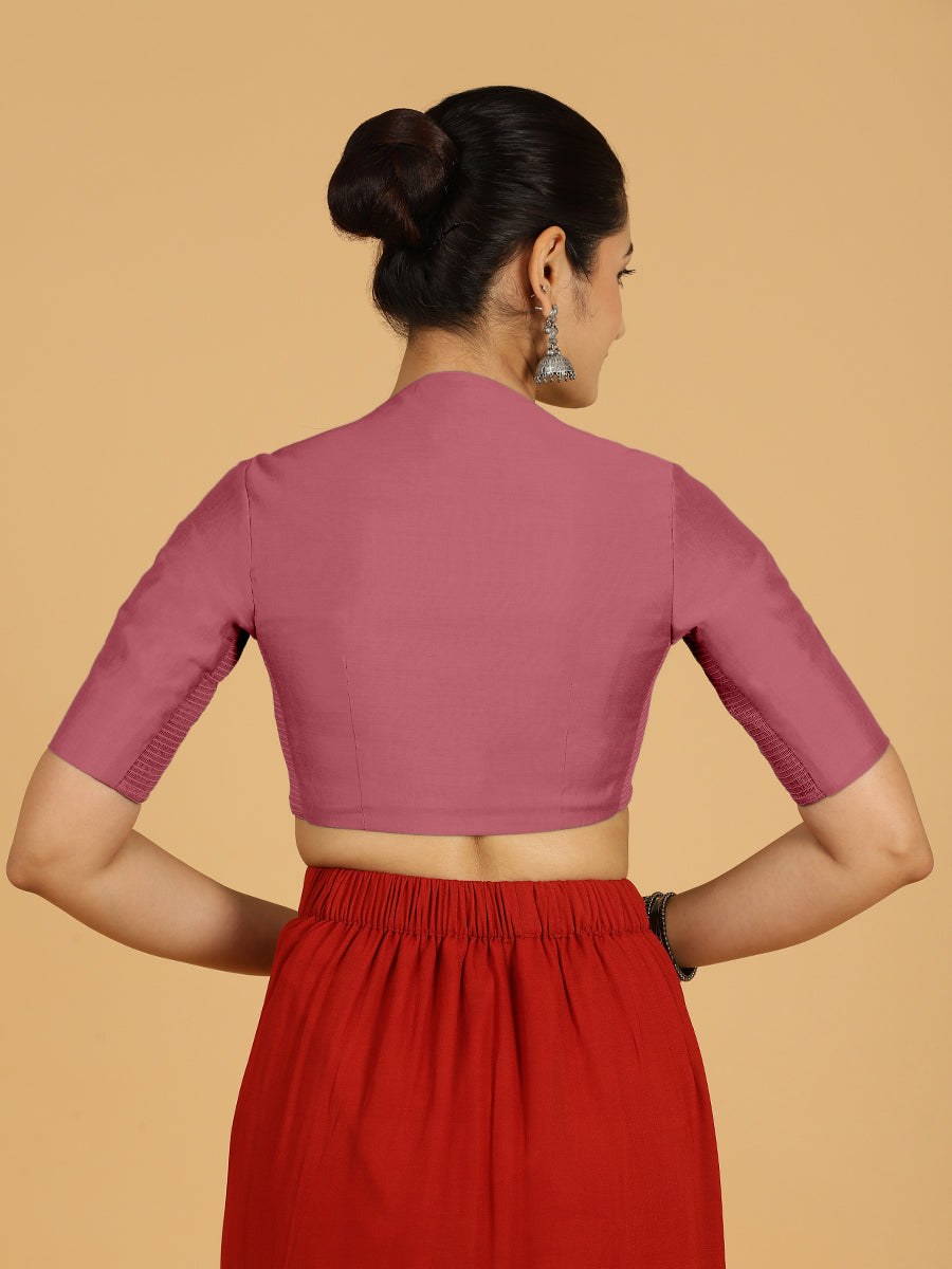 Pallavi x Rozaana Saree Blouse, in Pink Viscose, featuring elbow sleeves and curved v-neckline, made for daily & work (view 2).