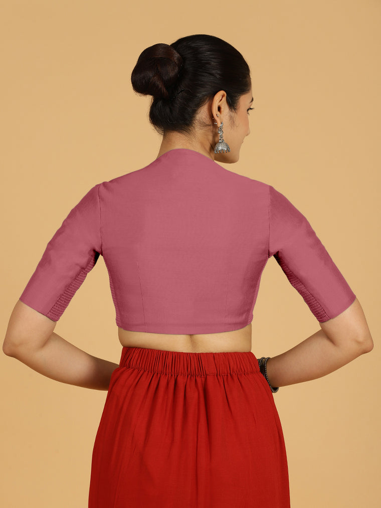 Pallavi x Rozaana Saree Blouse, in Pink Viscose, featuring elbow sleeves and curved v-neckline, made for daily & work (view 2).