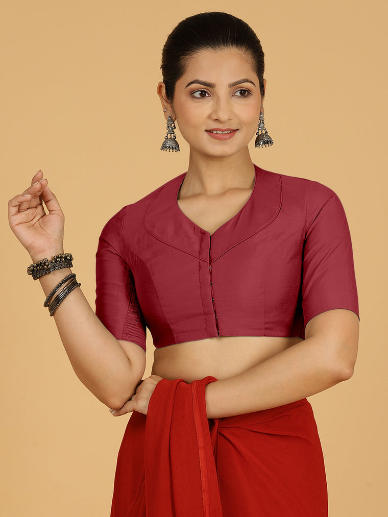 Pallavi x Rozaana Saree Blouse, in Red Viscose, featuring elbow sleeves and curved v-neckline, made for daily & work.