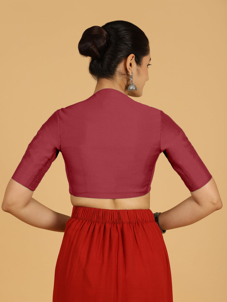 Pallavi x Rozaana Saree Blouse, in Red Viscose, featuring elbow sleeves and curved v-neckline, made for daily & work (view 2).