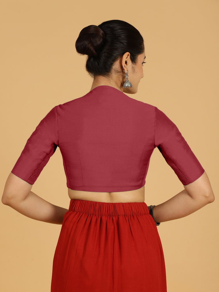 Pallavi x Rozaana Saree Blouse, in Red Viscose, featuring elbow sleeves and curved v-neckline, made for daily & work (view 2).