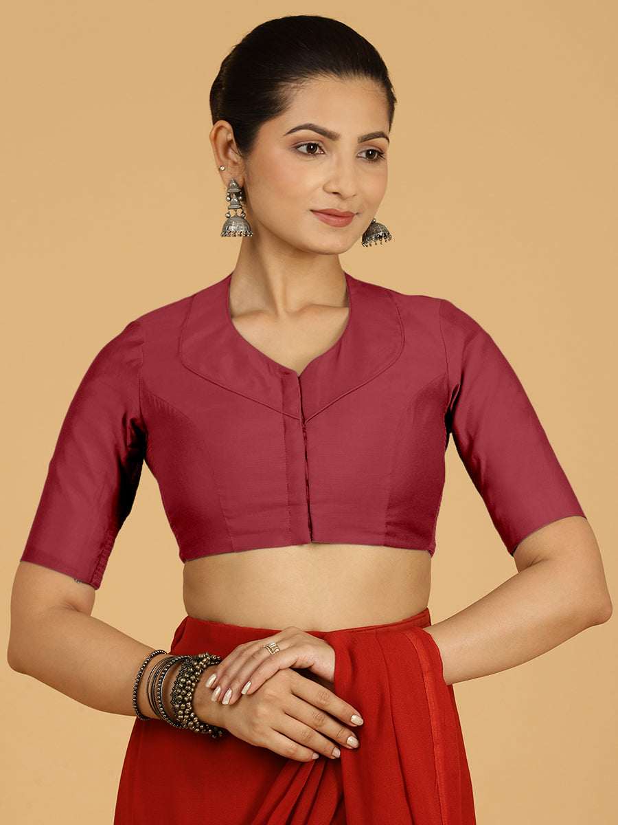 Pallavi x Rozaana Saree Blouse, in Red Viscose, featuring elbow sleeves and curved v-neckline, made for daily & work (view 8).