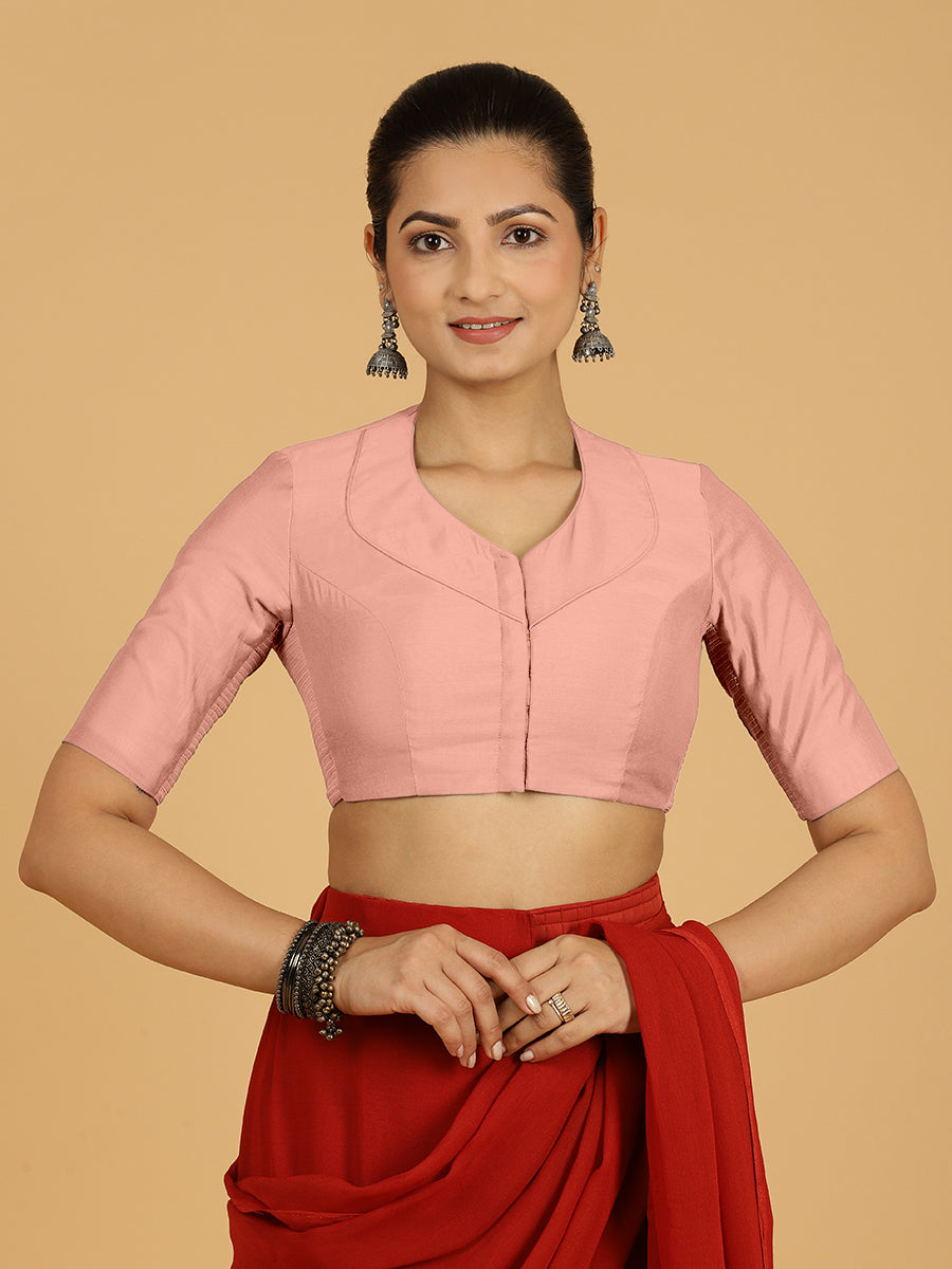 Pallavi x Rozaana Saree Blouse, in Pink Viscose, featuring elbow sleeves and curved v-neckline, made for daily & work.