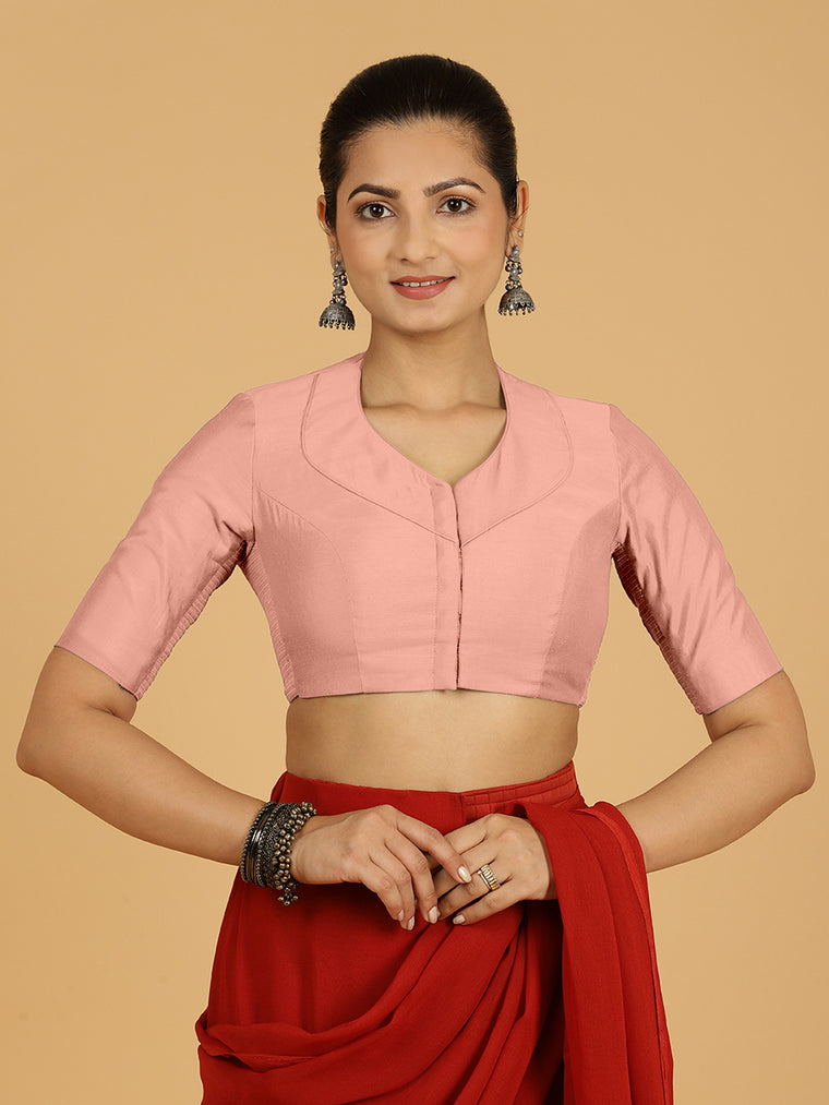 Pallavi x Rozaana Saree Blouse, in Pink Viscose, featuring elbow sleeves and curved v-neckline, made for daily & work.