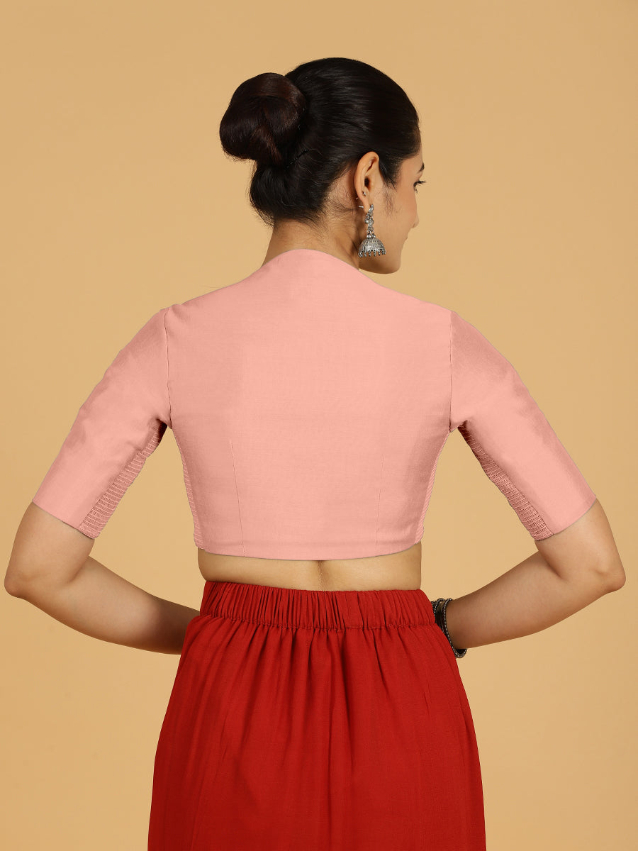 Pallavi x Rozaana Saree Blouse, in Pink Viscose, featuring elbow sleeves and curved v-neckline, made for daily & work (view 2).