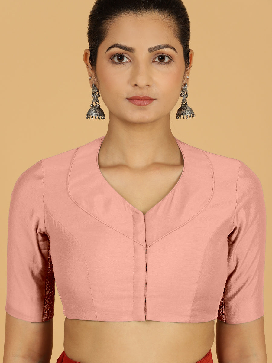 Pallavi x Rozaana Saree Blouse, in Pink Viscose, featuring elbow sleeves and curved v-neckline, made for daily & work (view 5).