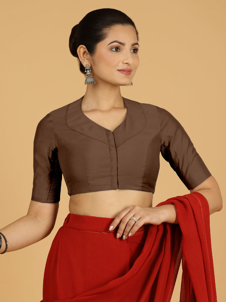 Pallavi x Rozaana Saree Blouse, in Brown Viscose, featuring elbow sleeves and curved v-neckline, made for daily & work.