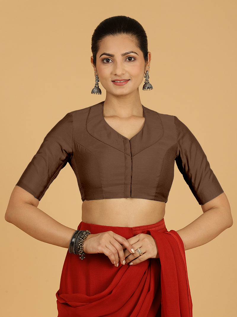 Pallavi x Rozaana | Elbow Sleeves Saree Blouse in Walnut Brown-Binks