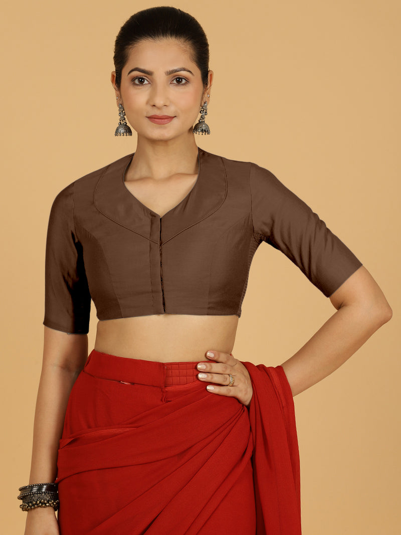 Pallavi x Rozaana | Elbow Sleeves Saree Blouse in Walnut Brown-Binks