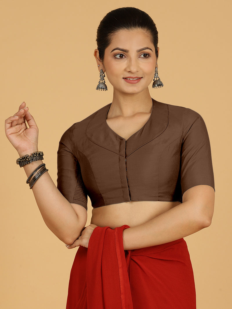 Pallavi x Rozaana | Elbow Sleeves Saree Blouse in Walnut Brown-Binks