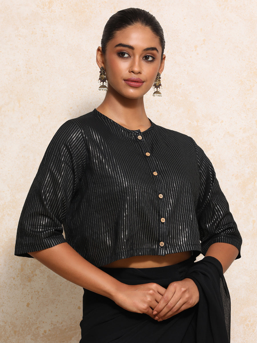 Parvati x Tyohaar | Elbow Sleeves Saree Blouse in Black Silver Stripe Cotton