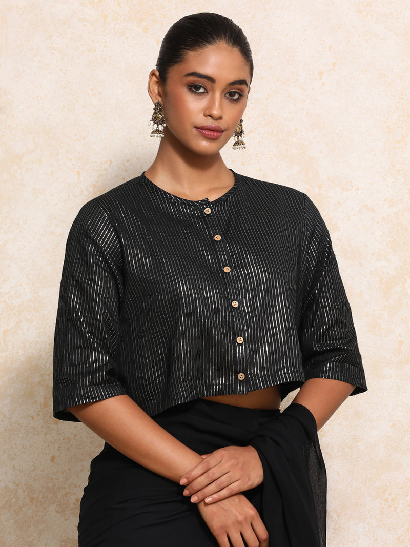 Parvati x Tyohaar | Elbow Sleeves Saree Blouse in Black Silver Stripe Cotton-Binks
