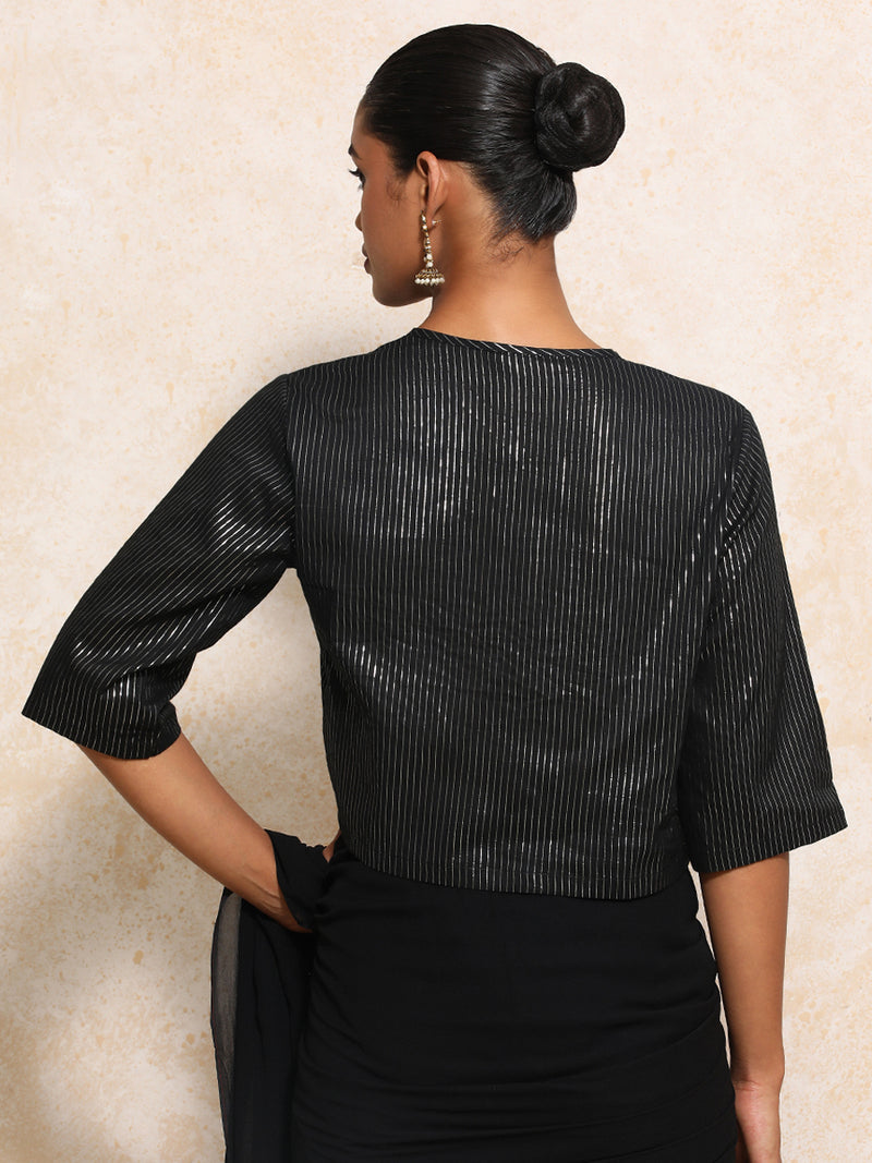 Parvati x Tyohaar | Elbow Sleeves Saree Blouse in Black Silver Stripe Cotton-Binks