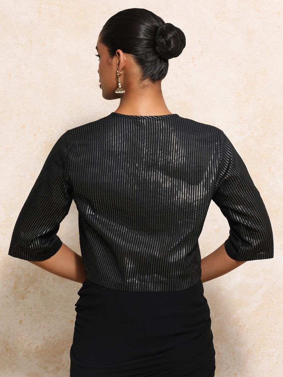 Parvati x Tyohaar Saree Blouse, in Black 100% Cotton & Lurex, featuring elbow sleeves and jewel neckline (view 2).