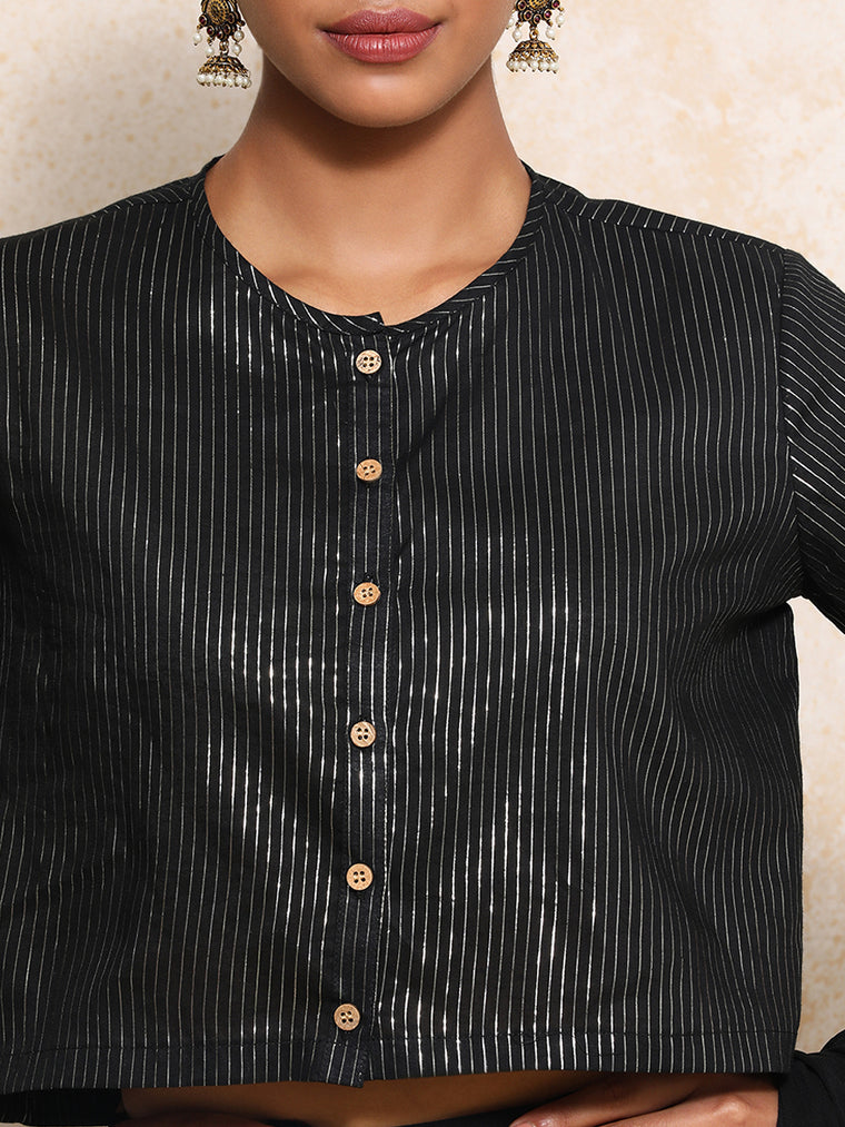 Parvati x Tyohaar Saree Blouse, in Black 100% Cotton & Lurex, featuring elbow sleeves and jewel neckline (view 3).