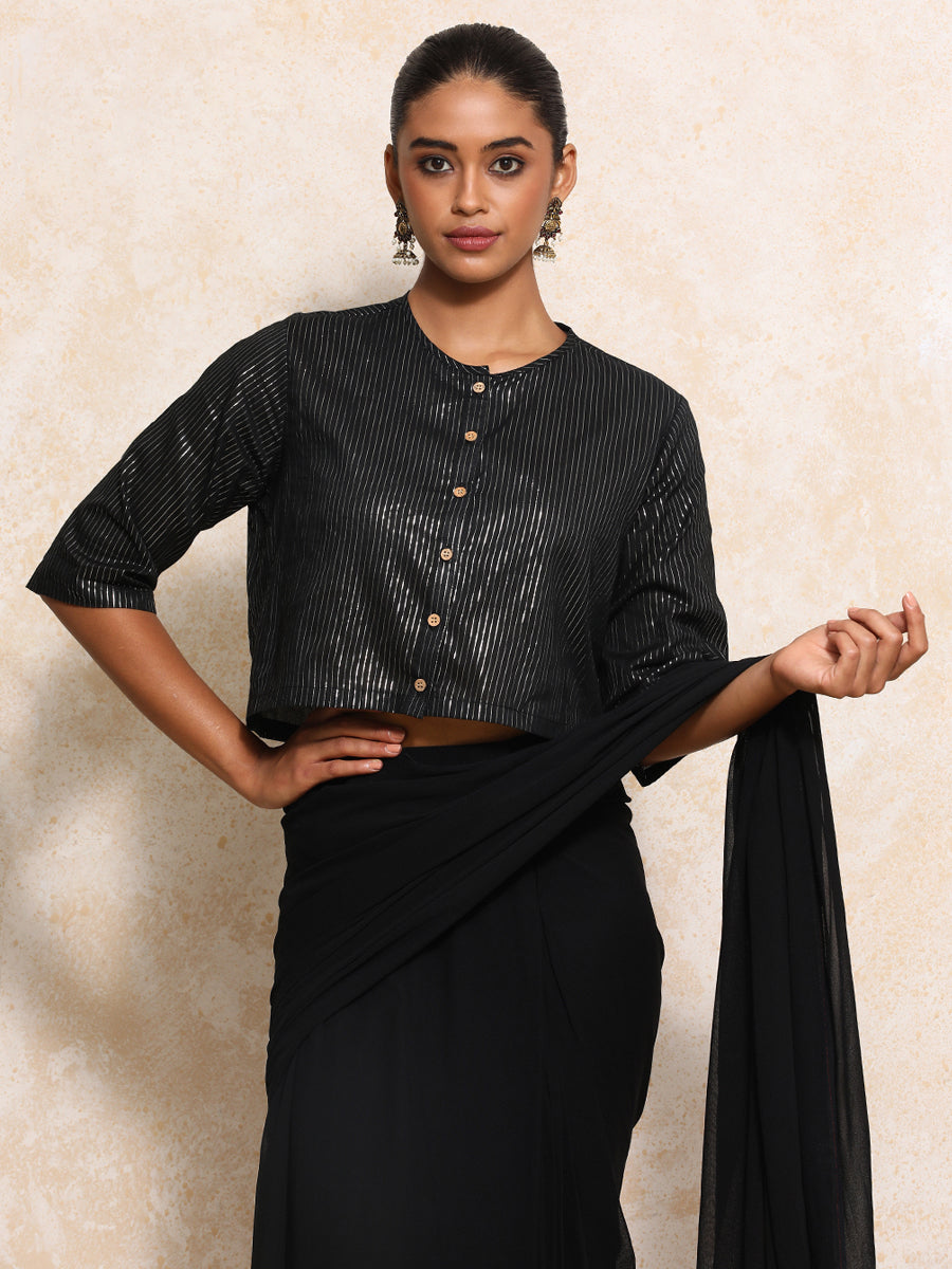 Parvati x Tyohaar Saree Blouse, in Black 100% Cotton & Lurex, featuring elbow sleeves and jewel neckline (view 4).