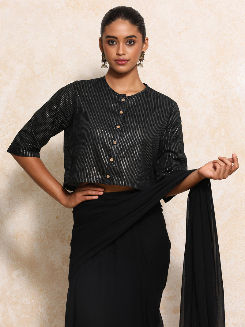 Parvati x Tyohaar | Elbow Sleeves Saree Blouse in Black Silver Stripe Cotton-Binks