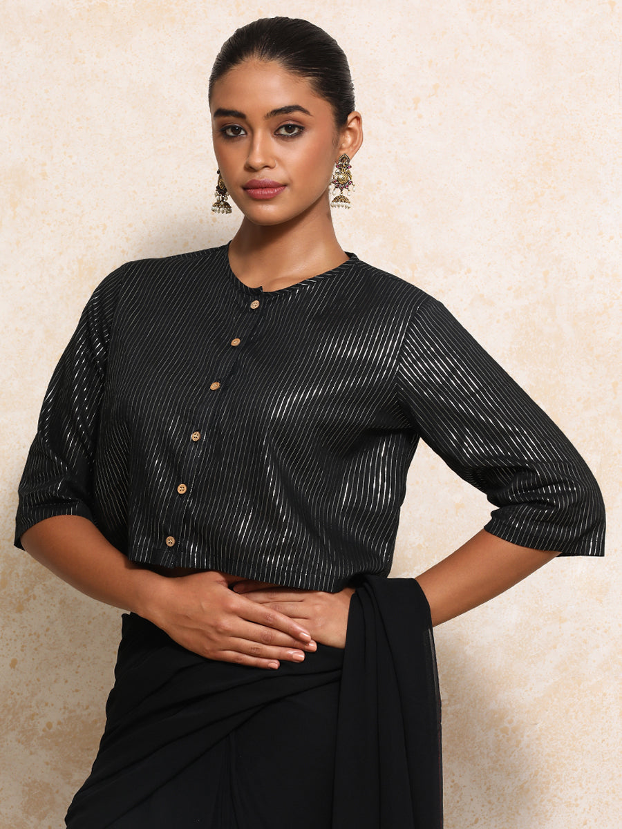 Parvati x Tyohaar Saree Blouse, in Black 100% Cotton & Lurex, featuring elbow sleeves and jewel neckline (view 8).