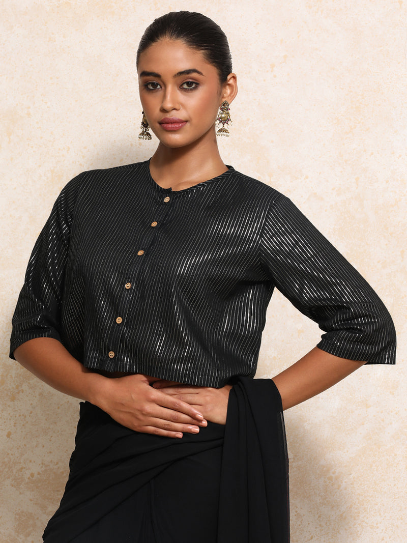 Parvati x Tyohaar | Elbow Sleeves Saree Blouse in Black Silver Stripe Cotton-Binks