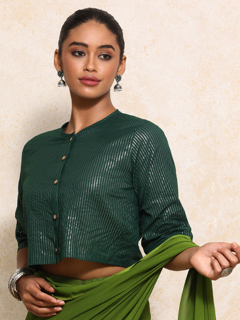 Parvati x Tyohaar | Elbow Sleeves Saree Blouse in Dark Green Silver Stripe Cotton-Binks
