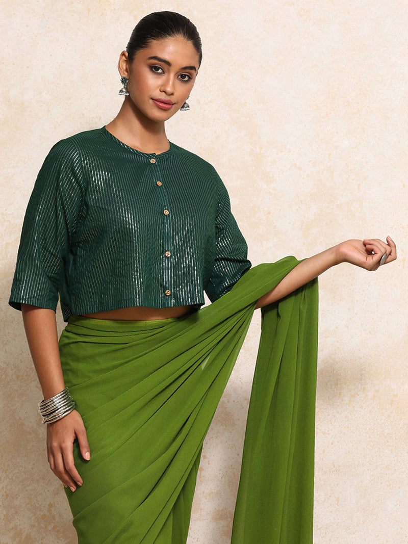 Parvati x Tyohaar | Elbow Sleeves Saree Blouse in Dark Green Silver Stripe Cotton-Binks