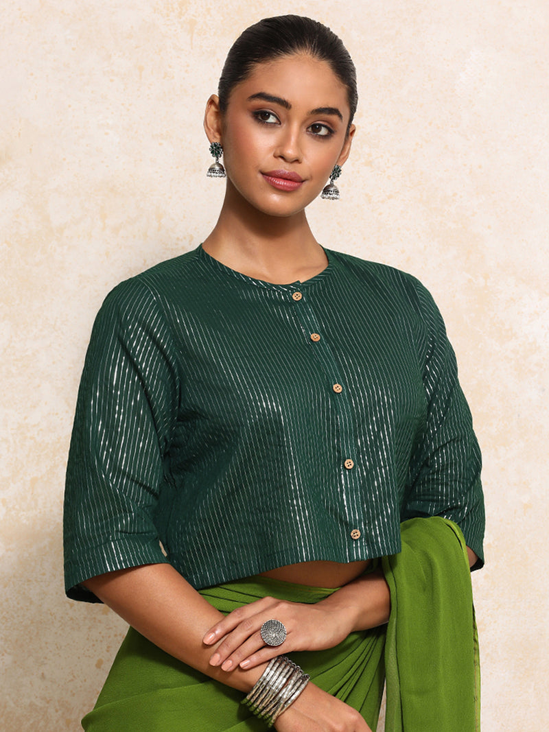 Parvati x Tyohaar | Elbow Sleeves Saree Blouse in Dark Green Silver Stripe Cotton-Binks