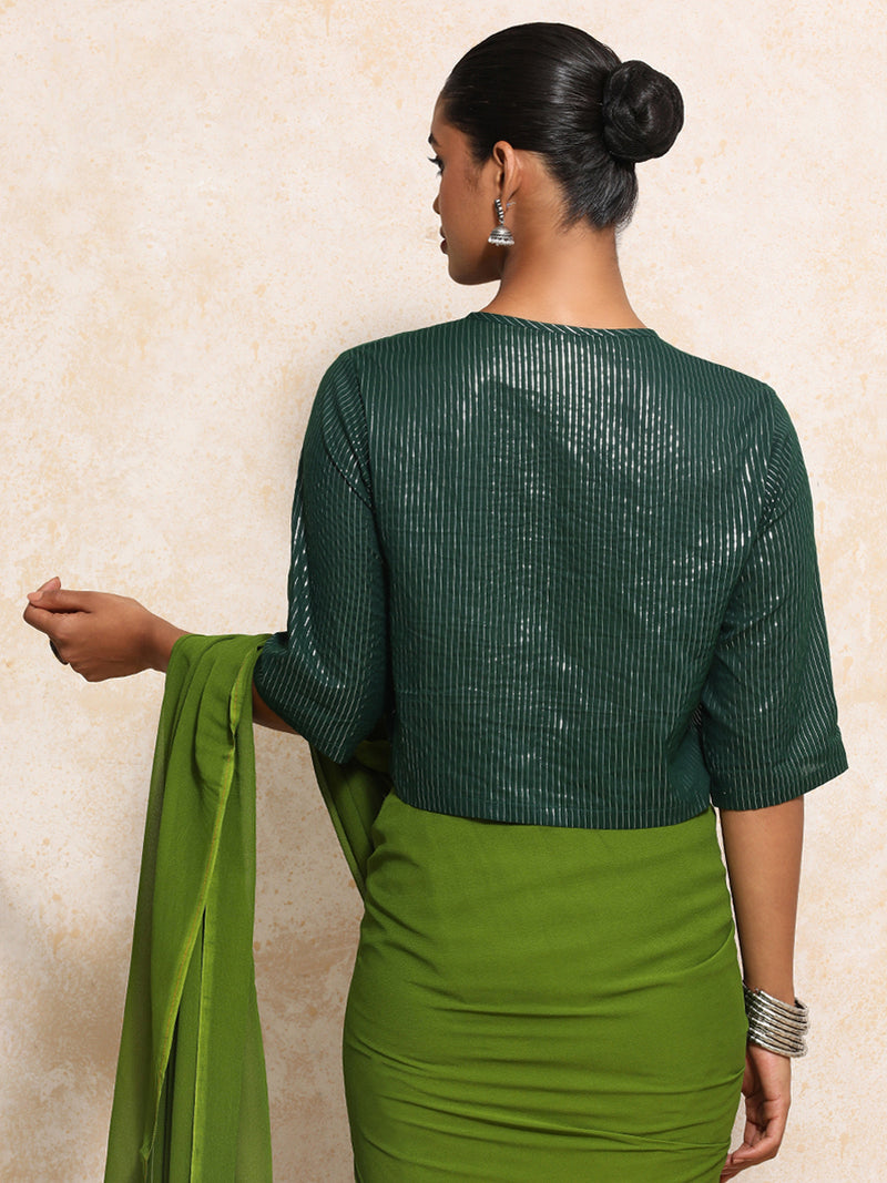 Parvati x Tyohaar | Elbow Sleeves Saree Blouse in Dark Green Silver Stripe Cotton-Binks