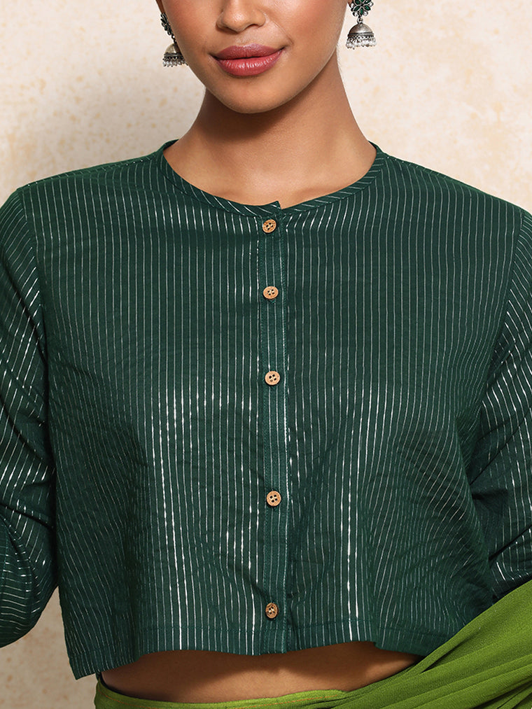 Parvati x Tyohaar Saree Blouse, in Green 100% Cotton & Lurex, featuring elbow sleeves and jewel neckline (view 3).