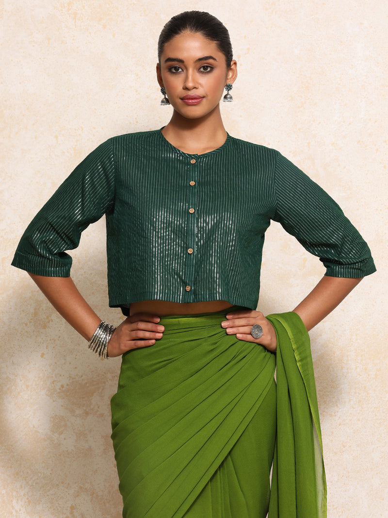 Parvati x Tyohaar | Elbow Sleeves Saree Blouse in Dark Green Silver Stripe Cotton-Binks