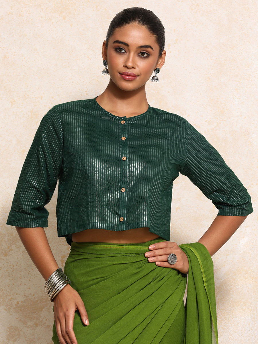 Parvati x Tyohaar Saree Blouse, in Green 100% Cotton & Lurex, featuring elbow sleeves and jewel neckline (view 5).