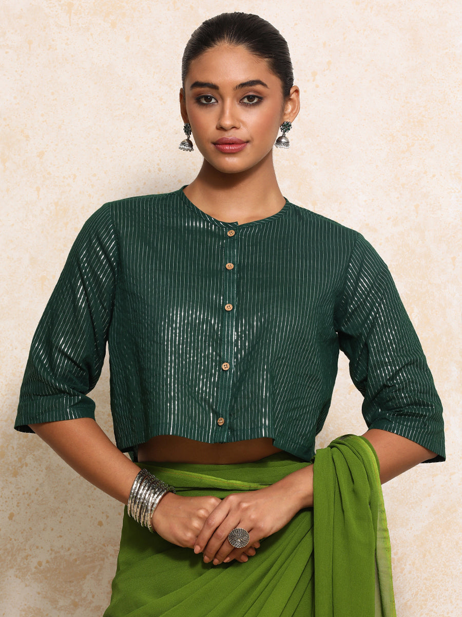Parvati x Tyohaar Saree Blouse, in Green 100% Cotton & Lurex, featuring elbow sleeves and jewel neckline (view 6).