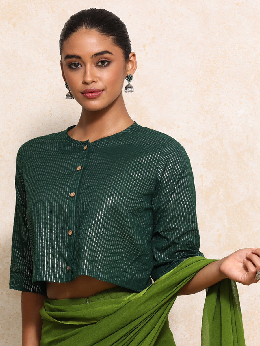 Parvati x Tyohaar Saree Blouse, in Green 100% Cotton & Lurex, featuring elbow sleeves and jewel neckline (view 8).