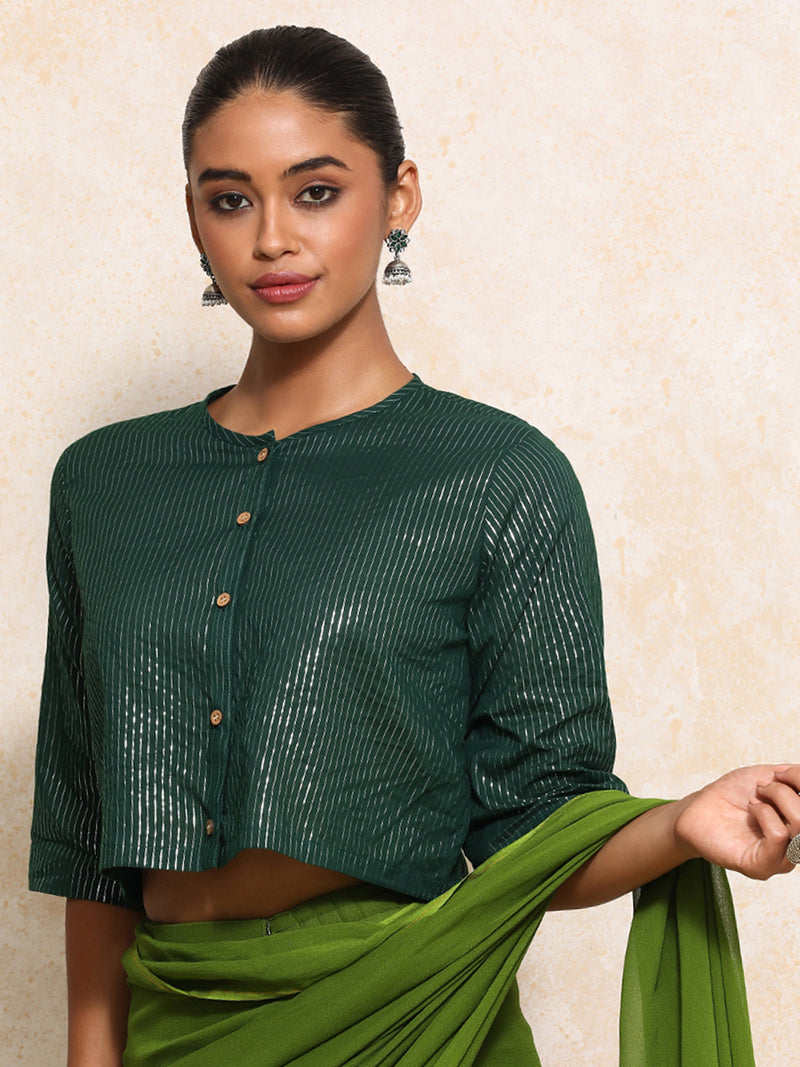 Parvati x Tyohaar | Elbow Sleeves Saree Blouse in Dark Green Silver Stripe Cotton-Binks