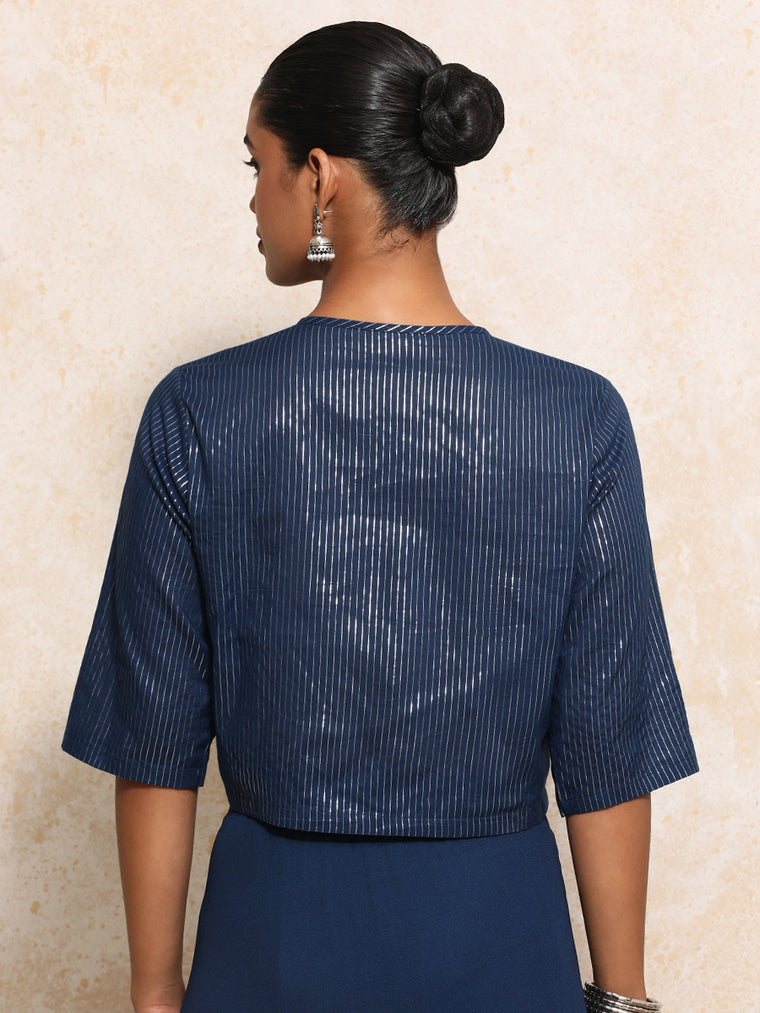 Parvati x Tyohaar Saree Blouse, in Blue 100% Cotton & Lurex, featuring elbow sleeves and jewel neckline (view 2).