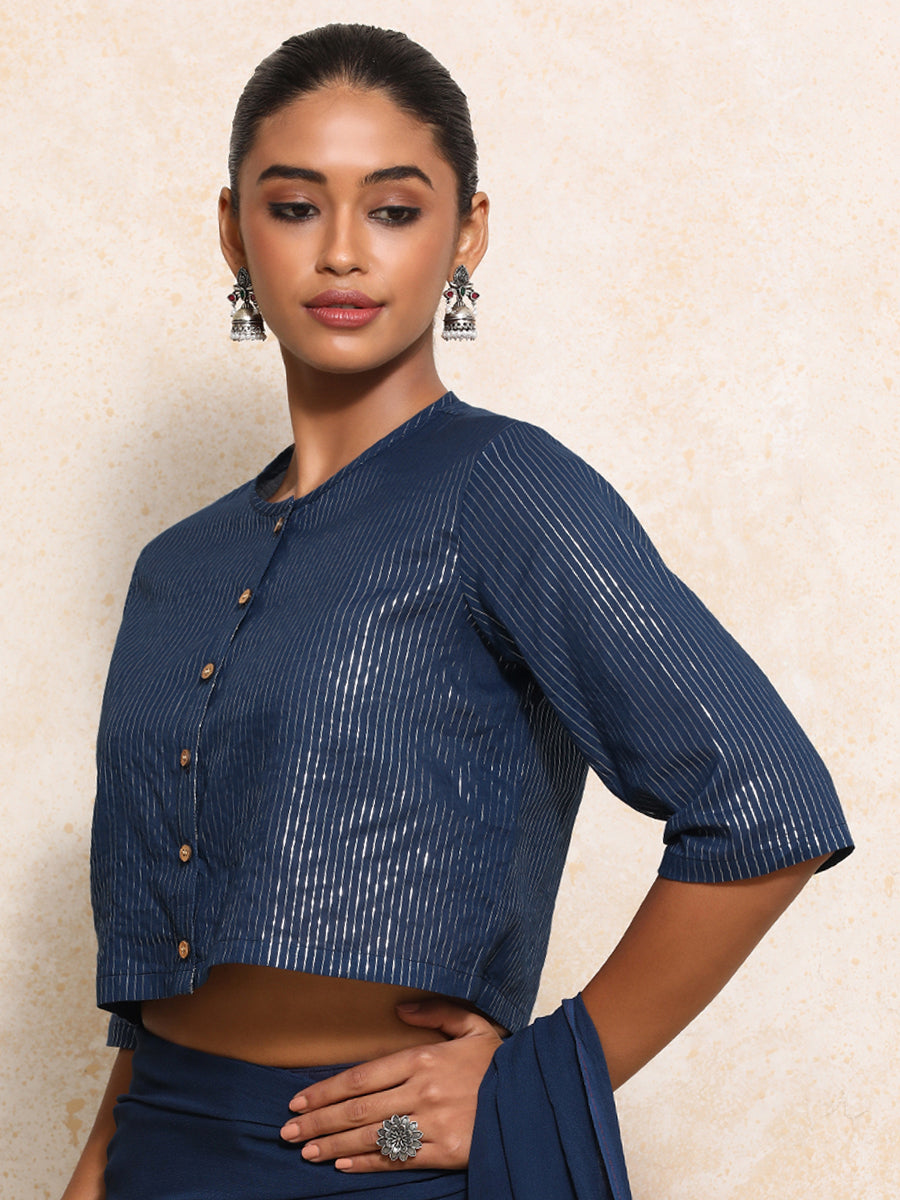Parvati x Tyohaar Saree Blouse, in Blue 100% Cotton & Lurex, featuring elbow sleeves and jewel neckline (view 7).