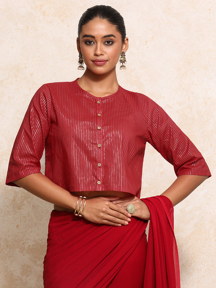 Parvati x Tyohaar Saree Blouse, in Red 100% Cotton & Lurex, featuring elbow sleeves and jewel neckline.