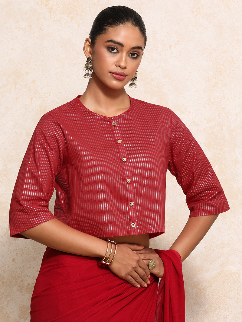 Parvati x Tyohaar | Elbow Sleeves Saree Blouse in Red Silver Stripe Cotton-Binks