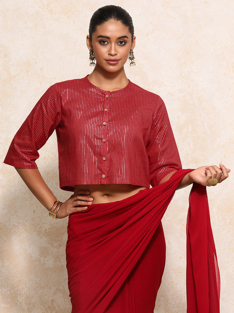 Parvati x Tyohaar | Elbow Sleeves Saree Blouse in Red Silver Stripe Cotton-Binks