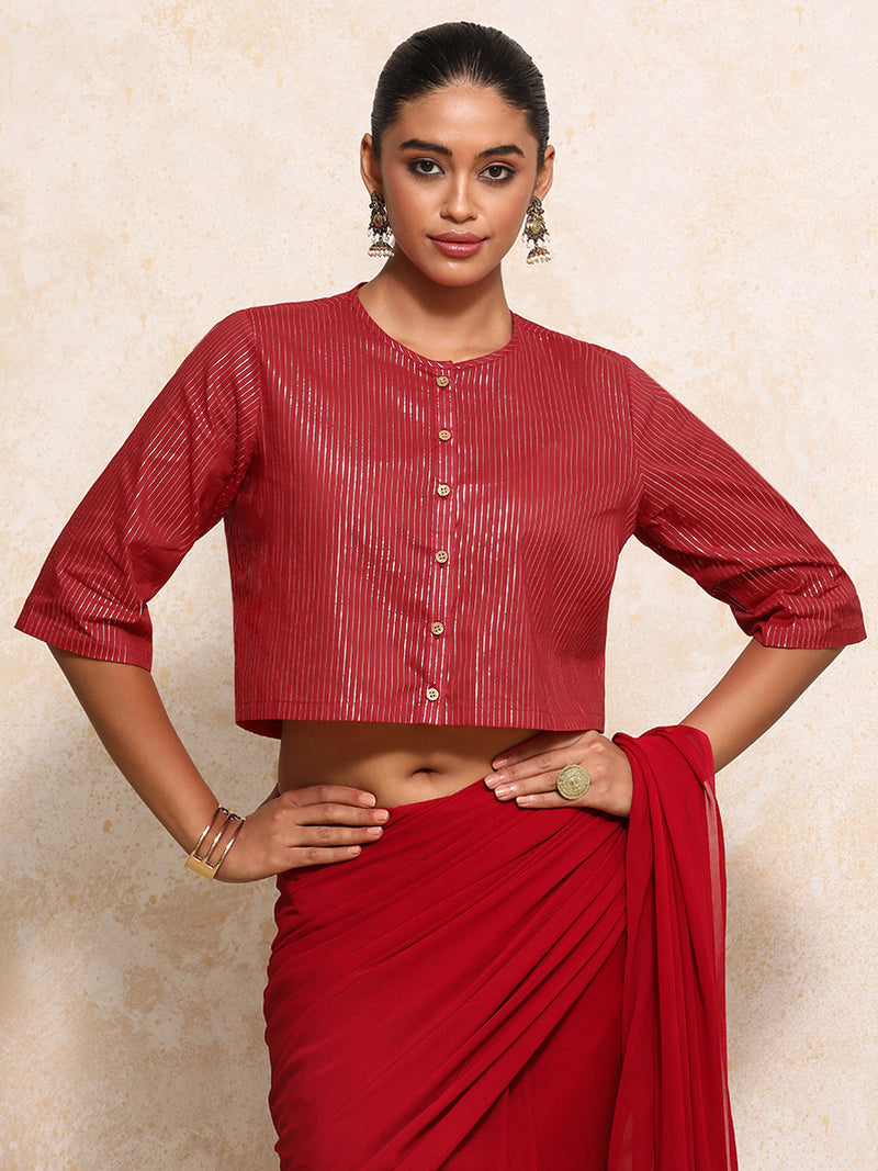 Parvati x Tyohaar | Elbow Sleeves Saree Blouse in Red Silver Stripe Cotton-Binks
