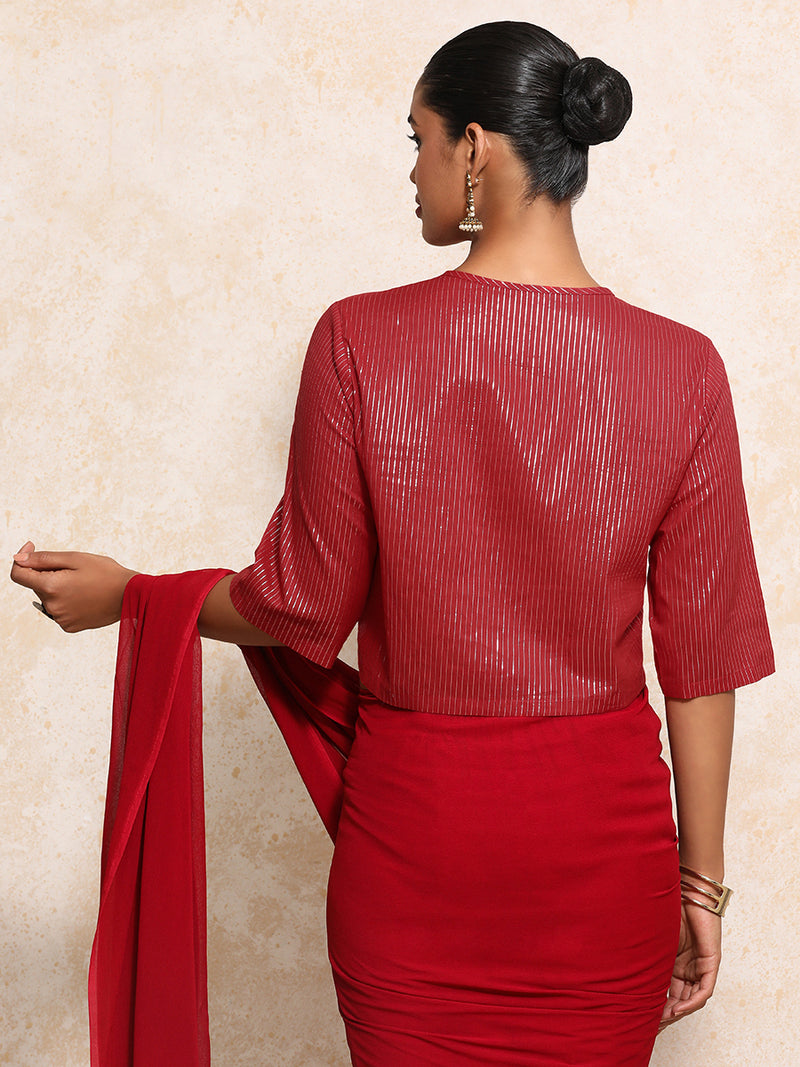 Parvati x Tyohaar | Elbow Sleeves Saree Blouse in Red Silver Stripe Cotton-Binks