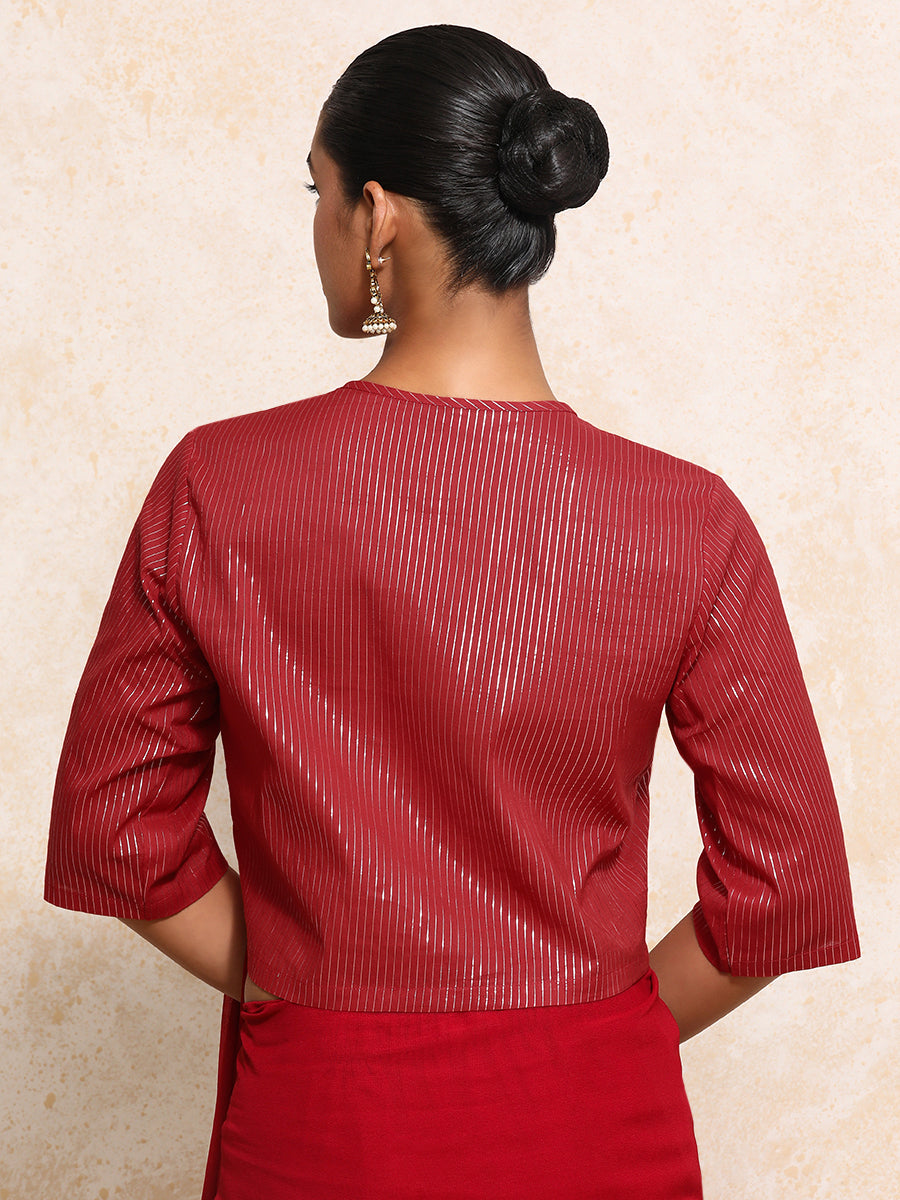 Parvati x Tyohaar Saree Blouse, in Red 100% Cotton & Lurex, featuring elbow sleeves and jewel neckline (view 2).
