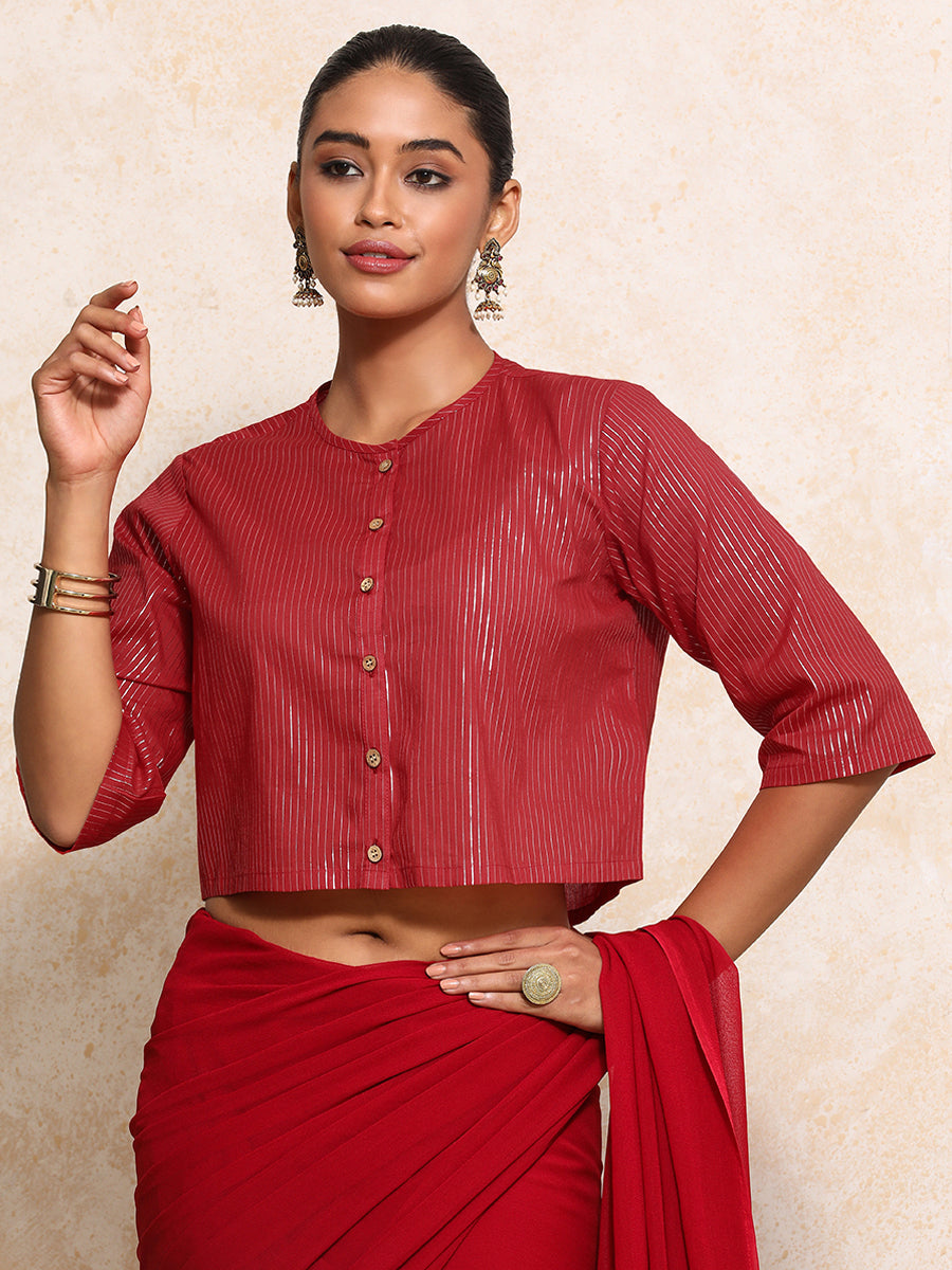 Parvati x Tyohaar Saree Blouse, in Red 100% Cotton & Lurex, featuring elbow sleeves and jewel neckline (view 6).