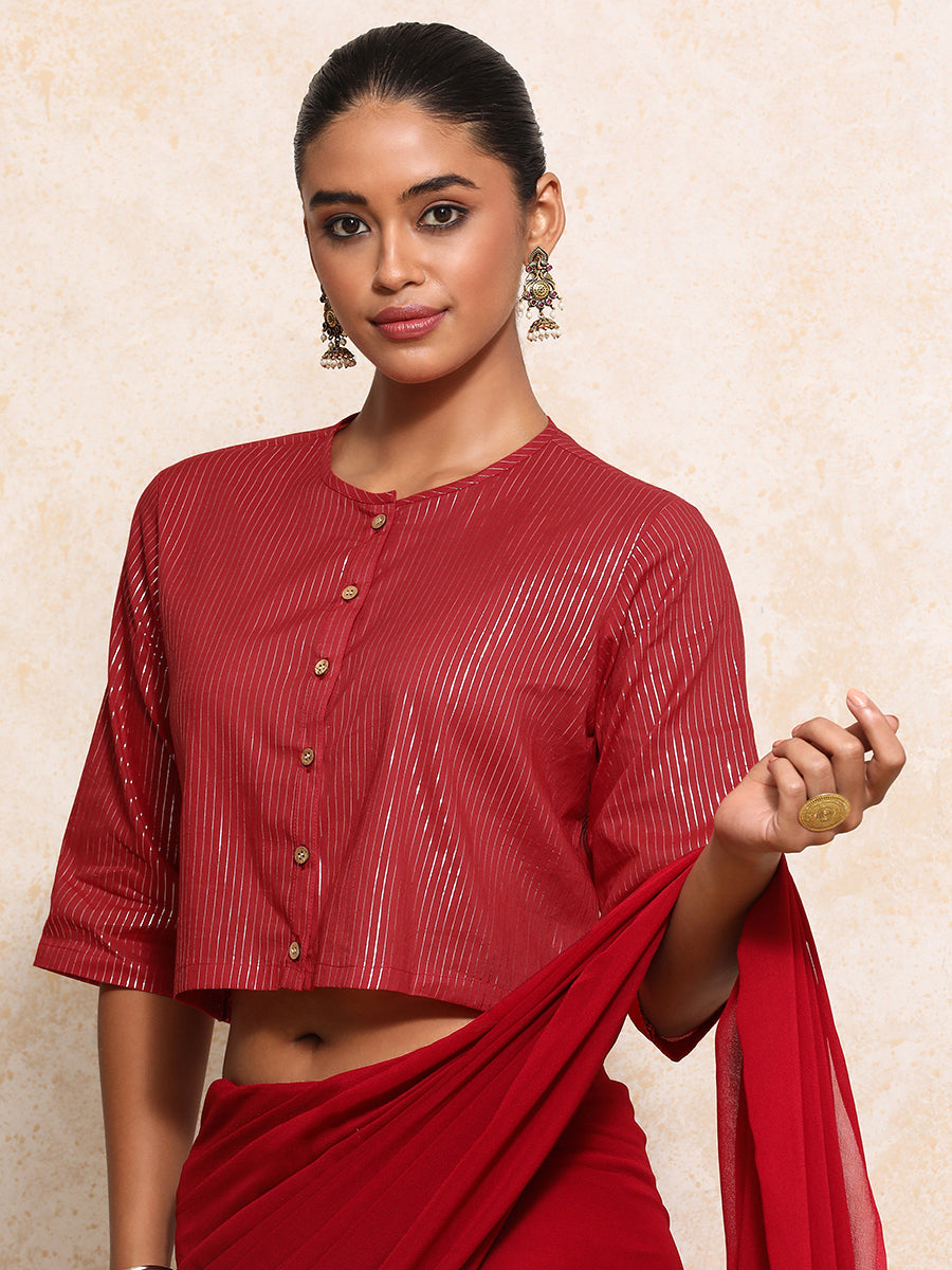 Parvati x Tyohaar Saree Blouse, in Red 100% Cotton & Lurex, featuring elbow sleeves and jewel neckline (view 7).